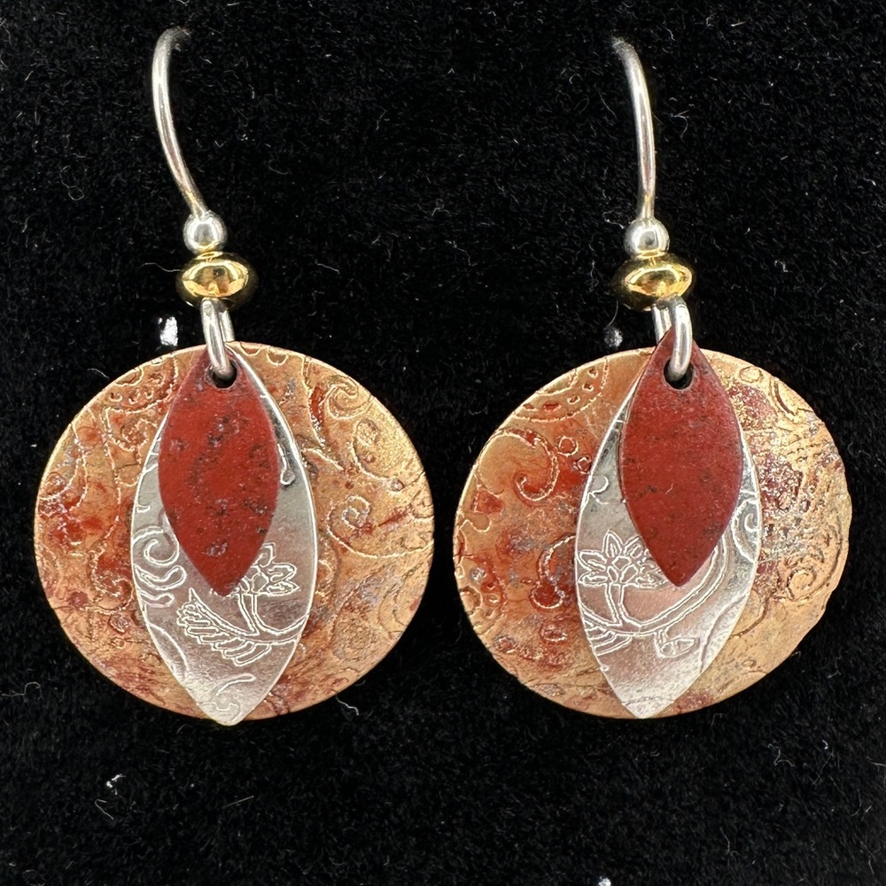 Vintage Bronze Gold Silver Tone Layered Embossed Textured Dangle Hook Earrings